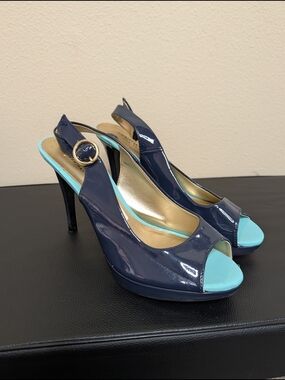 Christian Siriano for Payless Navy Patent Peep Toe Slingback Heels Size 8